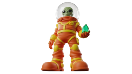 Cartoon alien astronaut holding green crystal isolated PNG, space explorer in orange suit on transparent background, sci-fi character