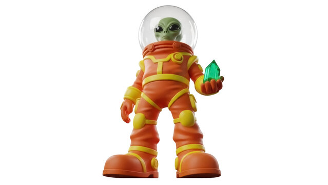 Cartoon alien astronaut holding green crystal isolated PNG, space explorer in orange suit on transparent background, sci-fi character