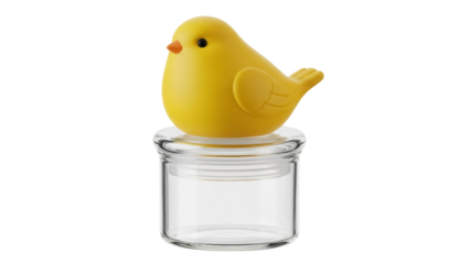Yellow bird on glass jar isolated PNG, cute spring decoration for Easter and home decor on transparent background