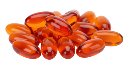 Pile of amber-colored gel capsules isolated PNG, omega-3 supplements for health and wellness on transparent background, dietary supplement