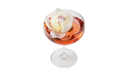 Elegant coupe glass with rose wine and peony isolated PNG, romantic drink for celebrations and special occasions on transparent background