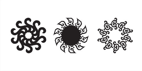 Three black ornamental swirl designs with circular symmetry, featuring flowing curved shapes and flame-like motifs that form elegant abstract emblems on a white background. © Rosi