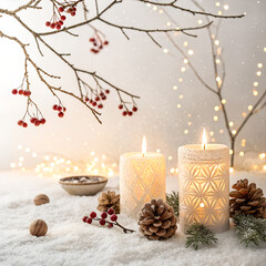 Festive winter arrangement with lit candles, pinecones, and red berries on a snowy background with bokeh lights
