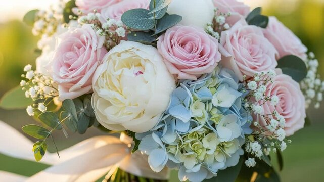 Beautiful bouquet of pink roses and white peonies with blue hydrangeas and greenery outdoors in natural light