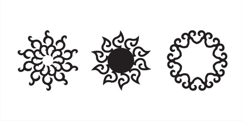 Three black ornamental swirl designs with circular symmetry, featuring flowing curved shapes and flame-like motifs that form elegant abstract emblems on a white background.