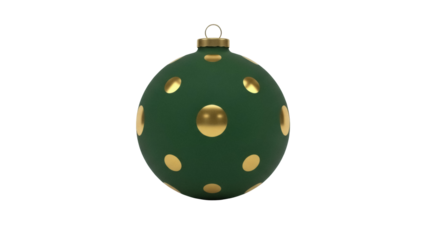 Green Christmas ball with golden dots isolated PNG, festive bauble for holiday decoration and seasonal design projects on transparent background