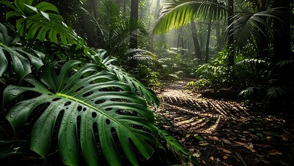 Sunlit tropical forest path