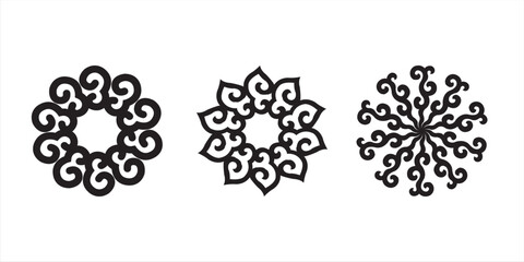 Three black ornamental swirl designs with circular symmetry, featuring flowing curved shapes and flame-like motifs that form elegant abstract emblems on a white background. © Rosi