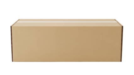 Cardboard box isolated PNG on transparent background, brown container for shipping and storage, closed package with tape for delivery