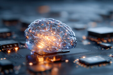 Transparent glowing artificial brain model integrated on a futuristic circuit board symbolizing advanced technology and neural computing innovation concept