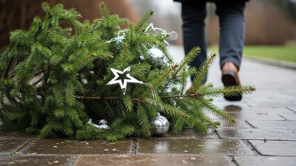 Discarded Christmas tree with ornaments on pavement