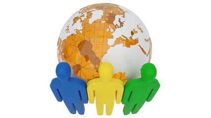 Blue yellow and green people figures with globe isolated PNG, representing global teamwork and international collaboration on transparent background