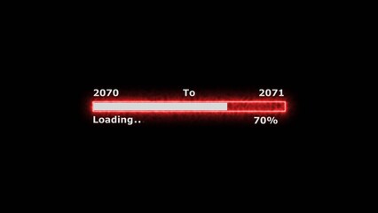 Loading 100 percent complete progress bar digital interface technology modern design white color 4k illustration. New year 2070 to 2071 loading bar. Neon bright rectangle frame black background.