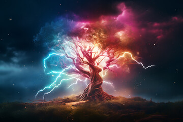 Dramatic tree with lightning strikes and dark clouds