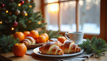 Festive Christmas breakfast with croissants and tangerines on a cozy table by the window
