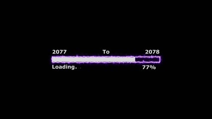 Loading 100 percent complete progress bar digital interface technology modern design white color 4k illustration. New year 2077 to 2078 loading bar. Neon bright rectangle frame black background.