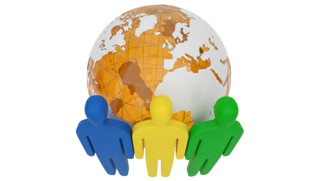 Blue yellow and green people figures with globe isolated PNG, representing global teamwork and international collaboration on transparent background - Powered by Adobe
