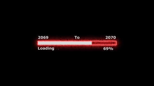 Loading 100 percent complete progress bar digital interface technology modern design white color 4k illustration. New year 2069 to 2070 loading bar. Neon bright rectangle frame black background.