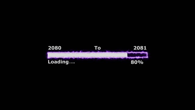 Loading 100 percent complete progress bar digital interface technology modern design white color 4k illustration. New year 2080 to 2081 loading bar. Neon bright rectangle frame black background.