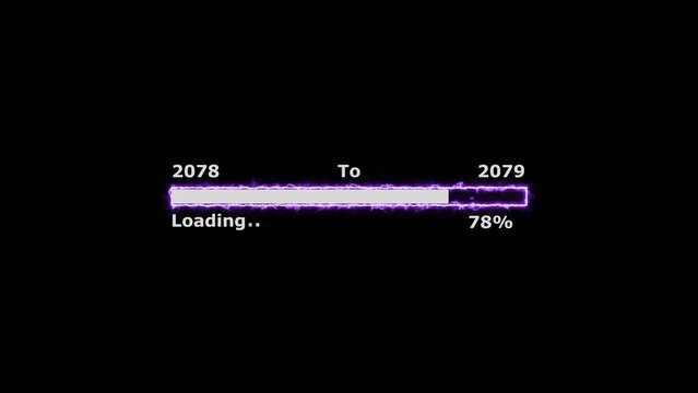 Loading 100 percent complete progress bar digital interface technology modern design white color 4k illustration. New year 2078 to 2079 loading bar. Neon bright rectangle frame black background.