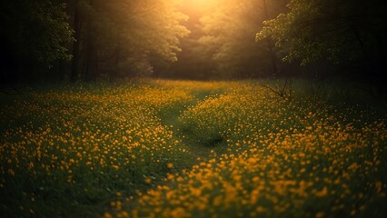Mystical forest path with golden flowers