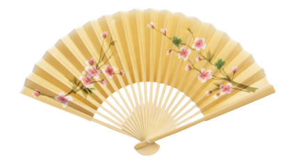 Elegant yellow hand fan with cherry blossom design isolated PNG, traditional Asian folding fan for decoration and cultural events