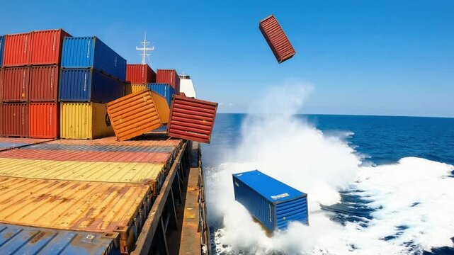 Shipping containers accidentally falling from a large cargo ship into the deep blue sea, causing a major splash and representing a significant financial and environmental disaster