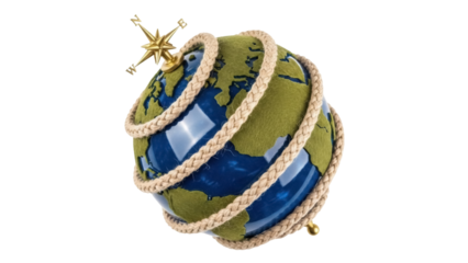 Decorative globe with compass isolated PNG, world travel and exploration concept for geography education and adventure themes on transparent background