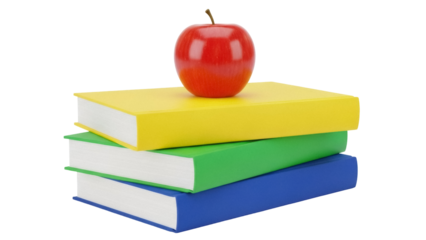 Stack of colorful books with red apple isolated PNG, school supplies for education and learning concept, on transparent background
