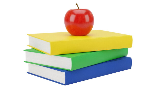 Stack of colorful books with red apple isolated PNG, school supplies for education and learning concept, on transparent background