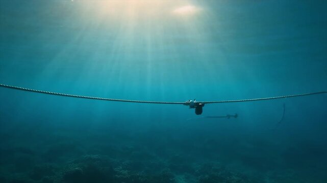 Sunlit Underwater Scene with Cables and Rocky Seabed Under Clear Blue Water ocean sunlight