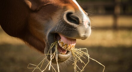 Close-up of a brown horse's head, eating hay, teeth visible