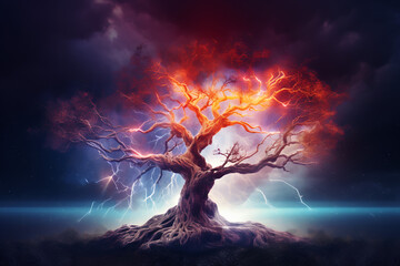 Dramatic tree with lightning strikes and dark clouds