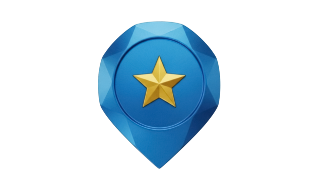Blue location pin with golden star isolated PNG, map pointer for navigation and travel apps on transparent background - Powered by Adobe