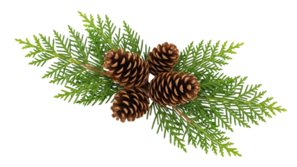 Four pine cones with cedar branches isolated PNG, evergreen foliage and brown cones on transparent background for Christmas and winter designs