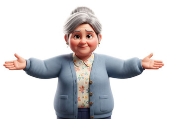 Elderly woman welcoming with open arms isolated on transparent background