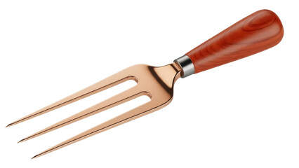 Fototapeta premium Elegant rose gold fork with wooden handle isolated PNG, upscale dining utensil for culinary and gourmet themes on transparent background