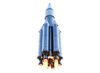 A large blue rocket launching into the sky with flames isolated on transparent background