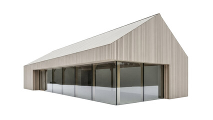 Modern barn house isolated PNG on transparent background, contemporary architecture with glass facade and wooden cladding, minimalist design © VSTOCK