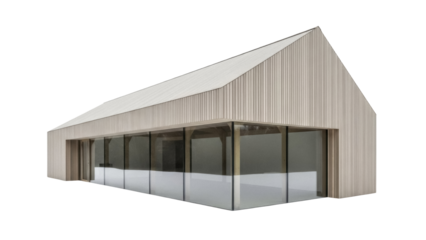 Modern barn house isolated PNG on transparent background, contemporary architecture with glass facade and wooden cladding, minimalist design