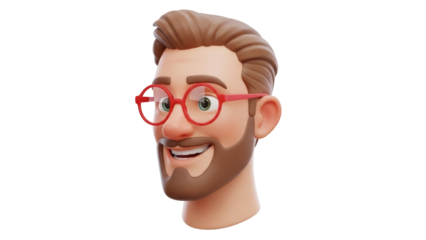 Cartoon man head with red glasses isolated PNG on transparent background, 3D rendering of a smiling character for design use