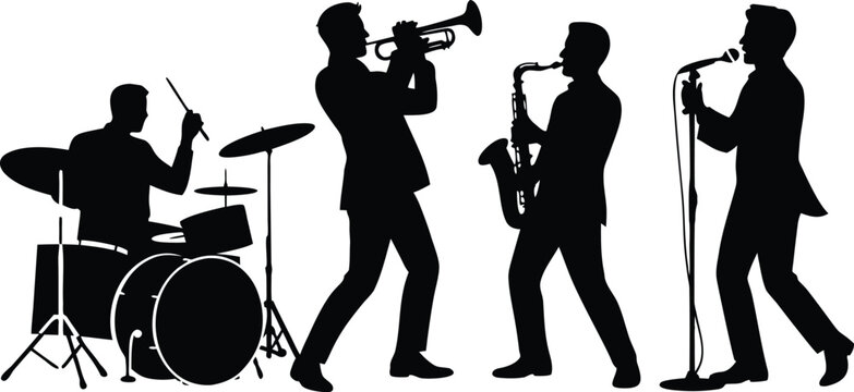 a silhouette illustration depicts a jazz band performing with a drummer trumpet player saxophonist and vocalist high quality