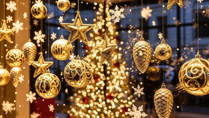Golden Christmas ornaments and snowflakes hanging in a window