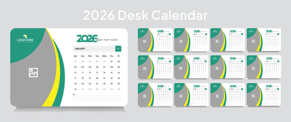 Customizable desk calendar 2026 template, corporate desk calendar schedule 2026 monthly 12-page planner layout, editable vector eps 10 file format