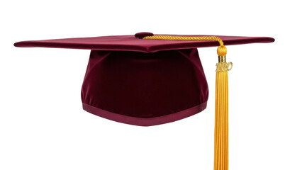 Burgundy graduation mortarboard cap with gold tassel isolated PNG, academic regalia for commencement ceremony and higher education achievement