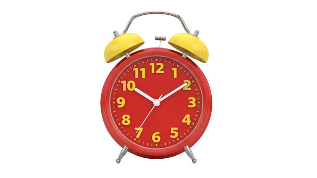 Red alarm clock with yellow numbers on white background