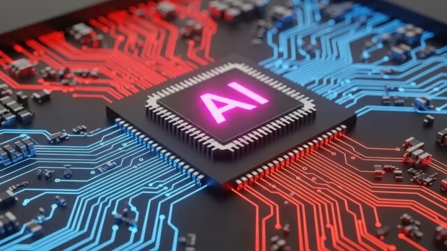 Advanced AI Processor: Glowing pink artificial intelligence CPU on digital circuit board for high-performance computing hardware - Powered by Adobe