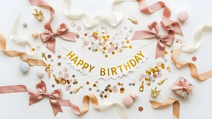 Blurry image of a birthday cake with white frosting and pink ribbons