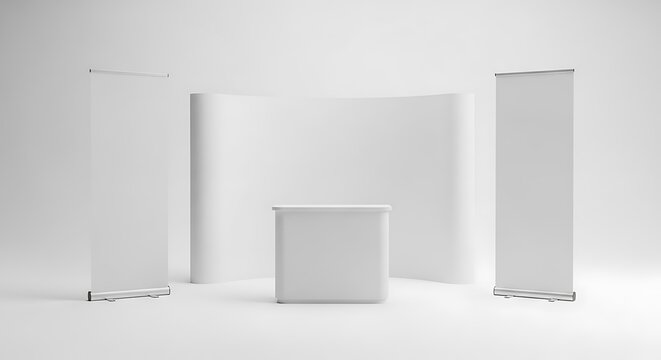 Empty white exhibition stand with a display wall, reception desk, and two vertical banners for branding, isolated on white background