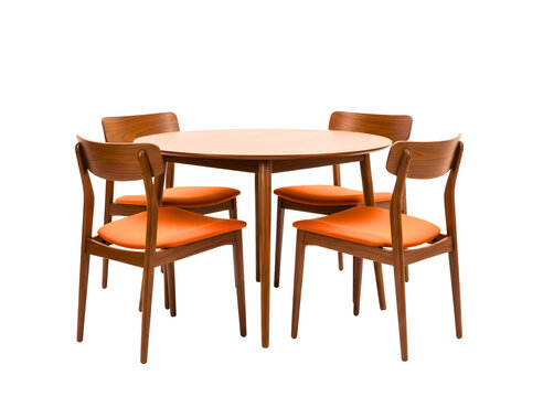 A wooden dining table with four matching chairs isolated on transparent background